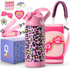 Choco Mocha Kids Water Bottle For School, Kids Insulated Water Bottle Stainless Steel, Girls Water Bottle 14Oz Gift, Pink Leopar