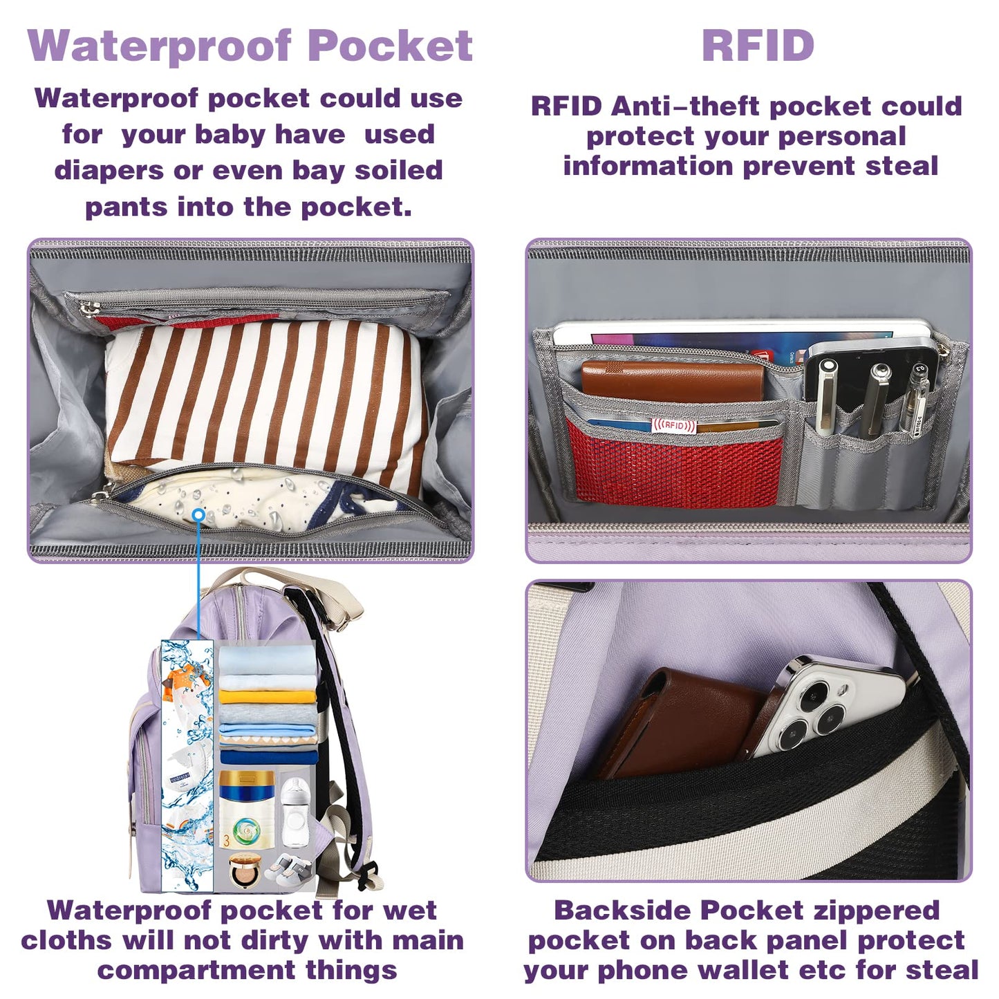 Jiefeike Diaper Bag Backpack,Purple Travel Backpack For Dad Mom Boys Girls,Insulated Pockets Portable Baby Nappy Bags With Usb C