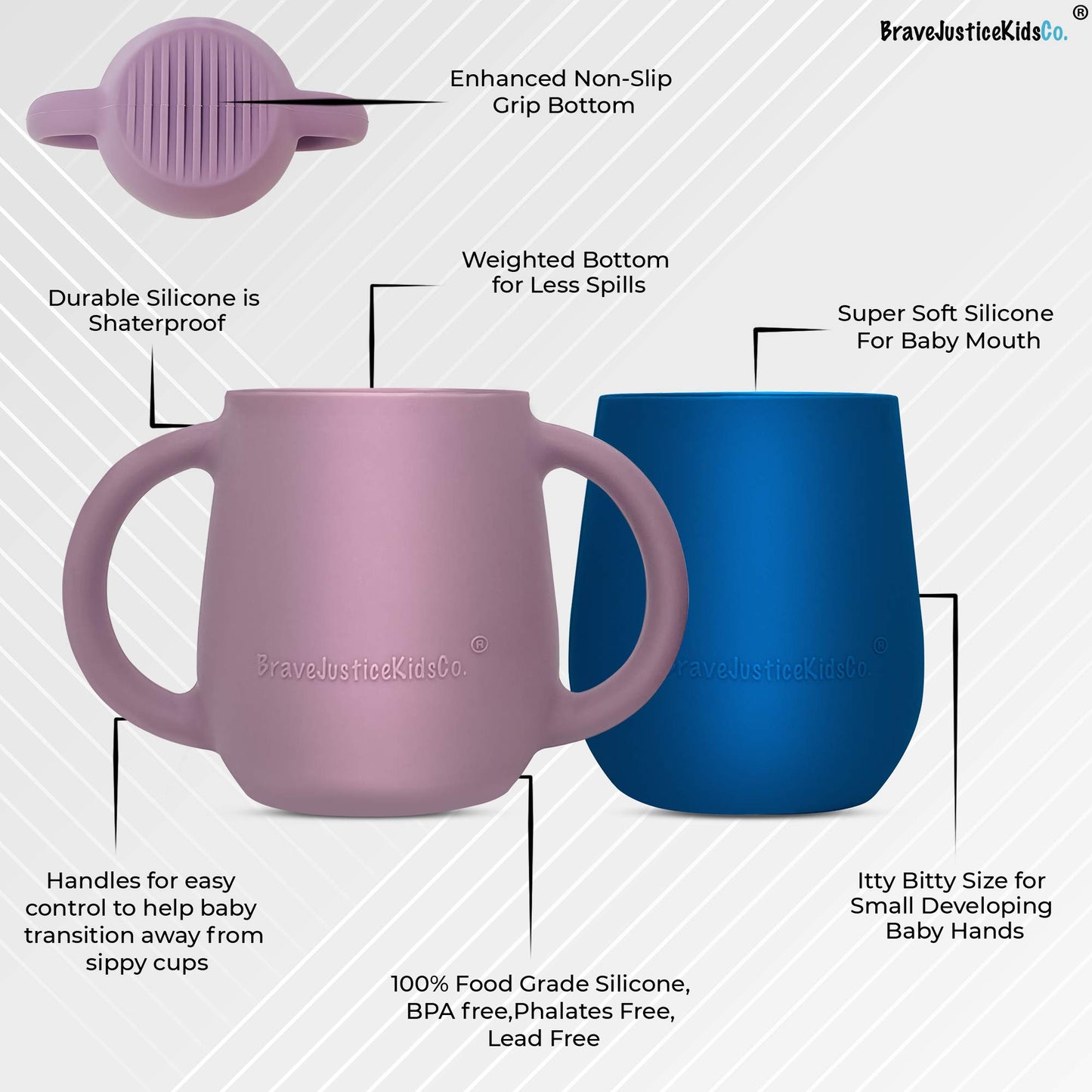 Bravejusticekidsco. | Teenie Tiny Silicone Developmental Baby-Led Weaning Drinking Cups (2 Pack) (Mauve And Blue Fusion)