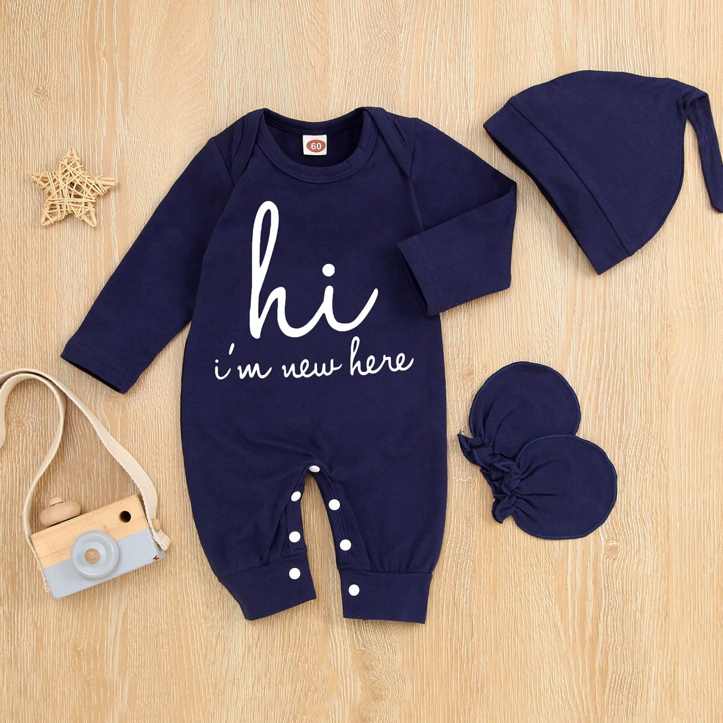 Grnshts Newborn Baby Boy Romper Coming Home Outfits Letter Print Bodysuit Jumpsuit+Hat+Gloves 3Pcs Clothes Set (A-Navy Blue,1-3