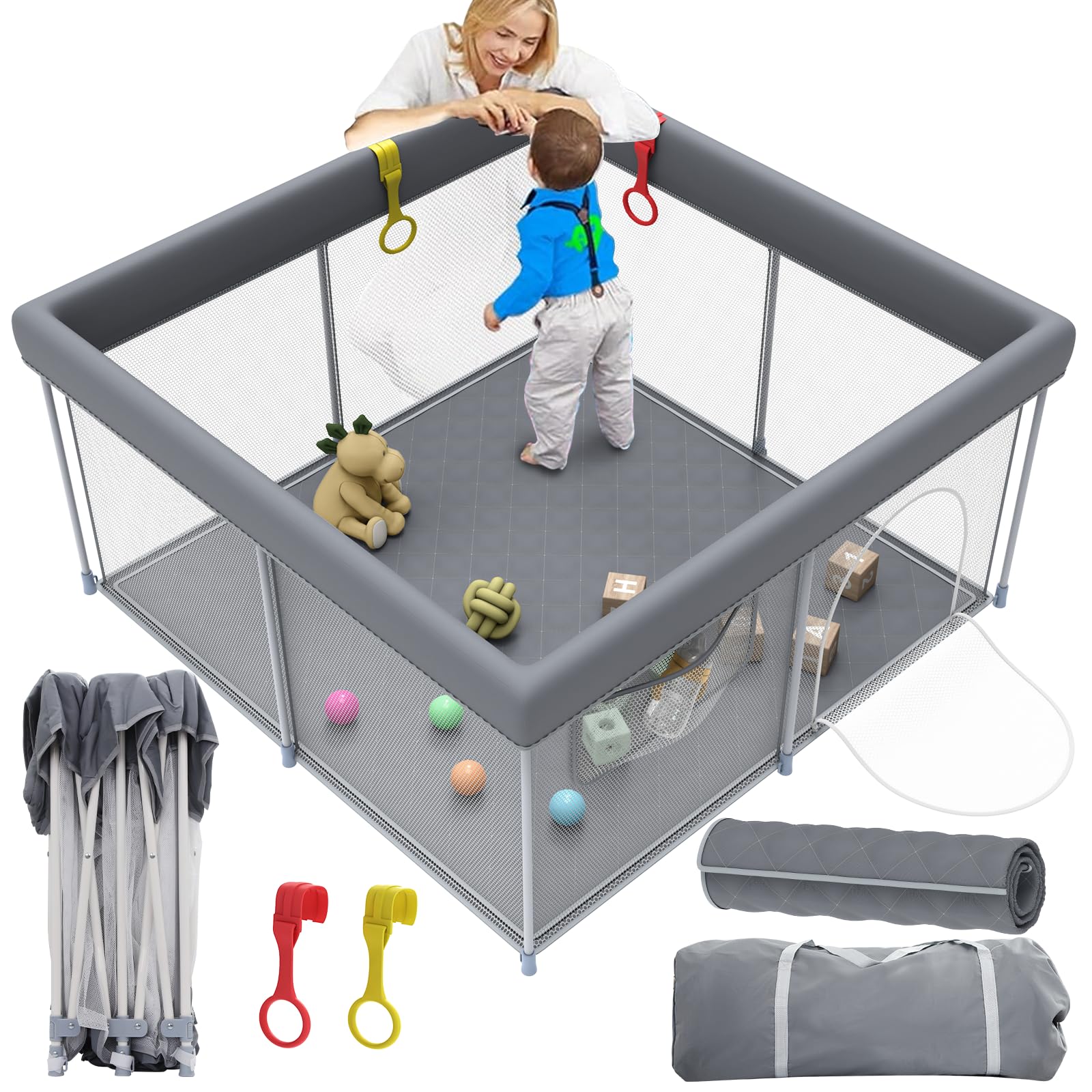 Weksi Foldable Baby Playpen With Mat, 50' X 50' Portable Play Pen For Toddlers With 2 Handlers, Easy Setup For Indoor/Outdoor