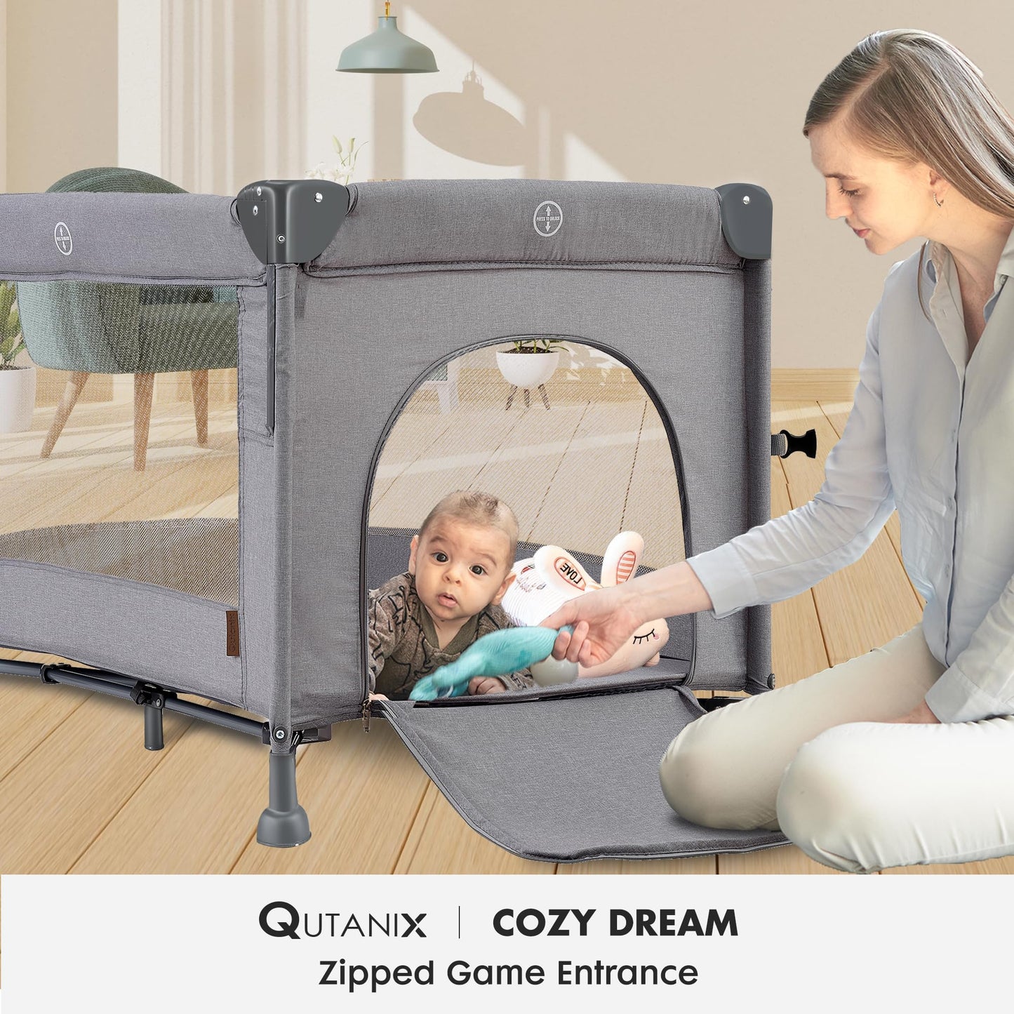 Qutanix 2-In-1 Baby Playard, Pack And Play Bassinet, Easy Folding Portable Crib With Music Mobile For Newborn To Toddlers (Grey)