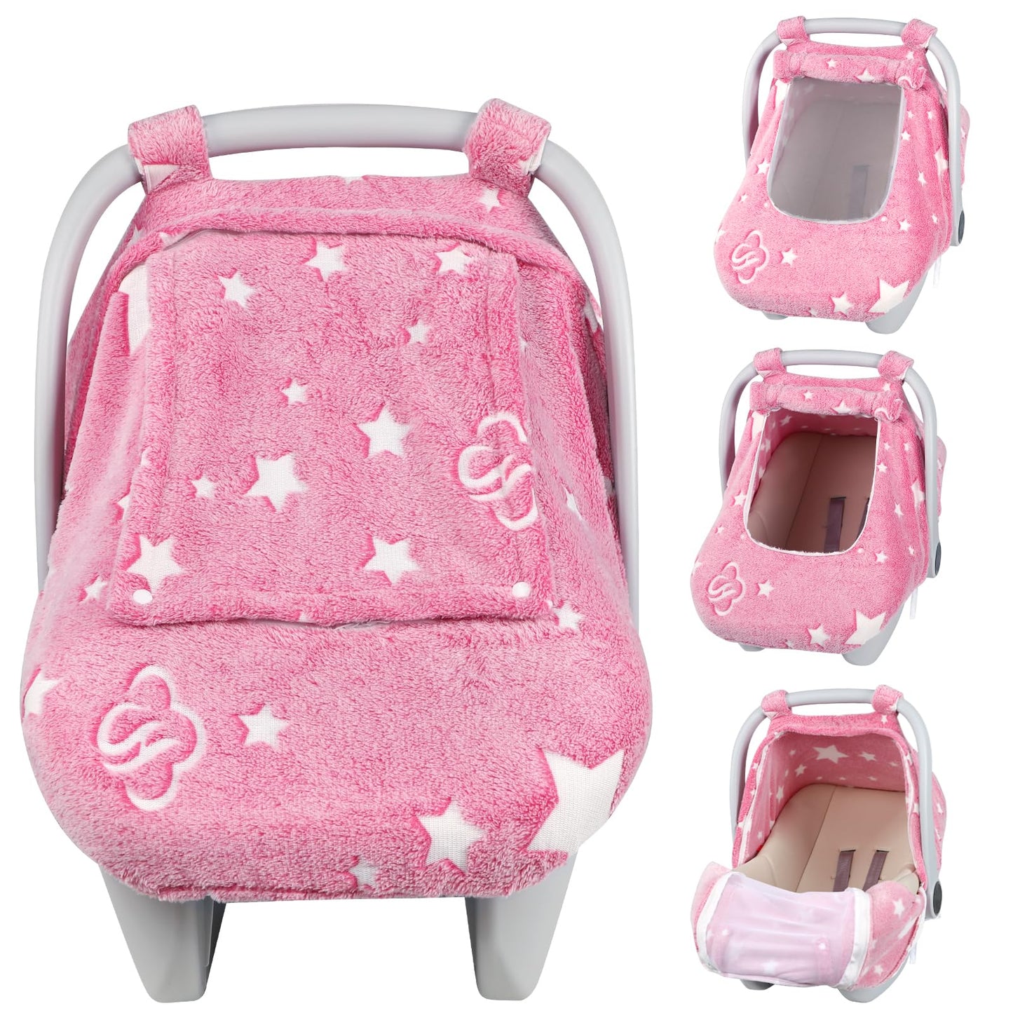Car Seat Cover Baby Girls Boys, Soft Flannel Infant Carseat Cover with 2 Zipper Windows, Star Carrier Cover Canopy Glow in The D