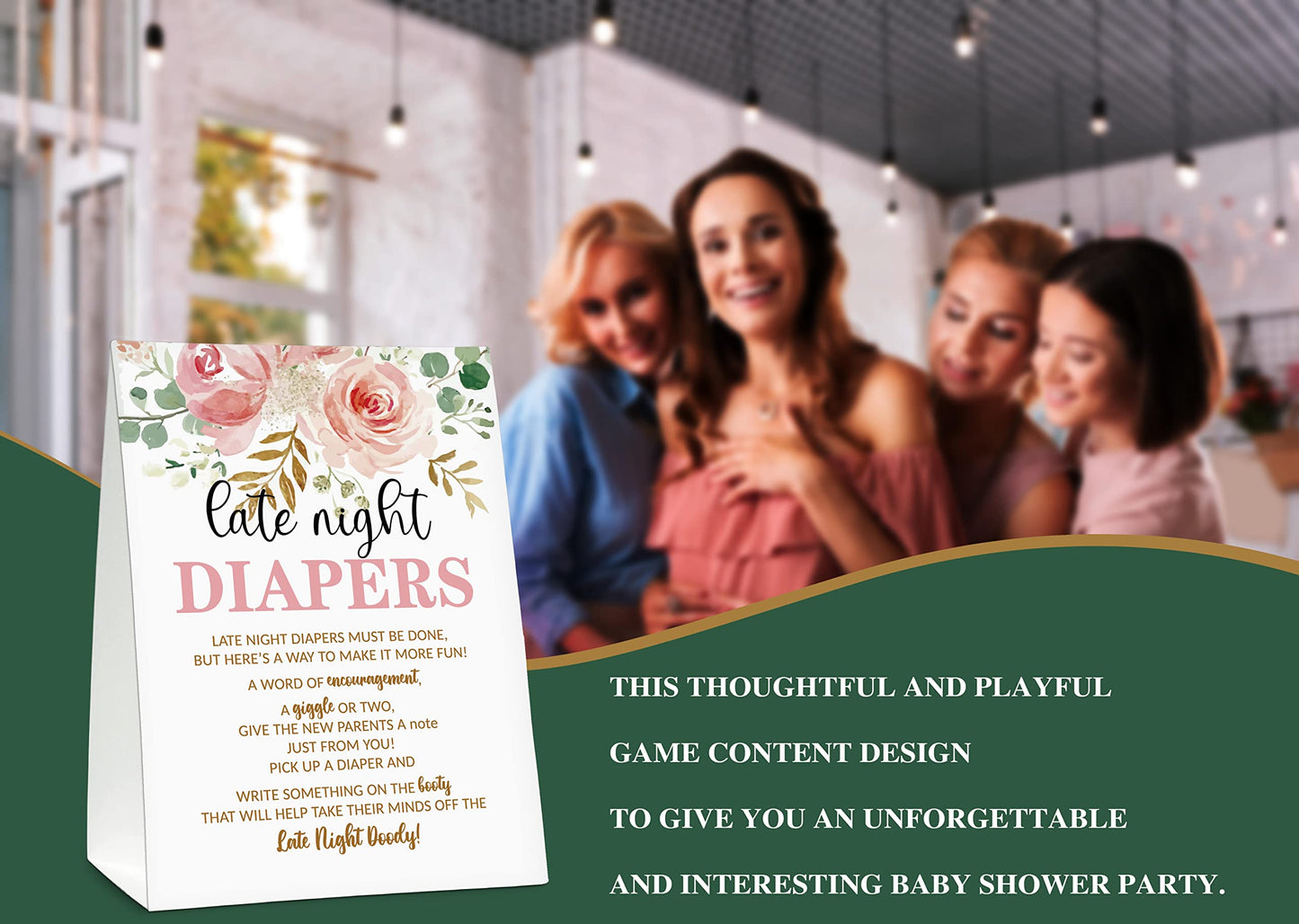Late Night Diapers Sign, Greenery Floral Note Cards Diaper Thoughts, Late Night Diaper Baby Shower Game Set(1 Standing Sign + 20