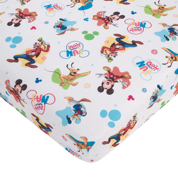 Disney Mickey Mouse Blue, Red, Green, And White, Donald Duck, Pluto, And Goofy, Fun Starts Here 2 Piece Toddler Sheet Set - Fitt