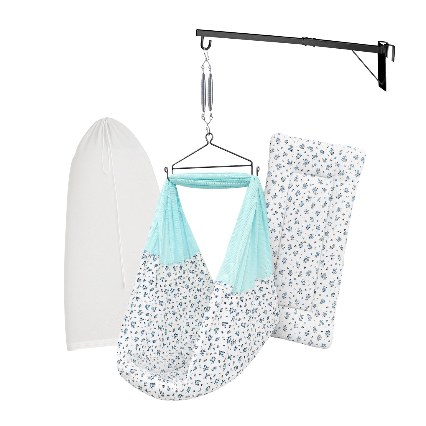 Beetot Baby Cradle Swing/Jhula (Thottil Cloth, Palna, Dolna) Set | Hanging Cradle With Padded Bed, Mosquito Net, Spring, Triangl