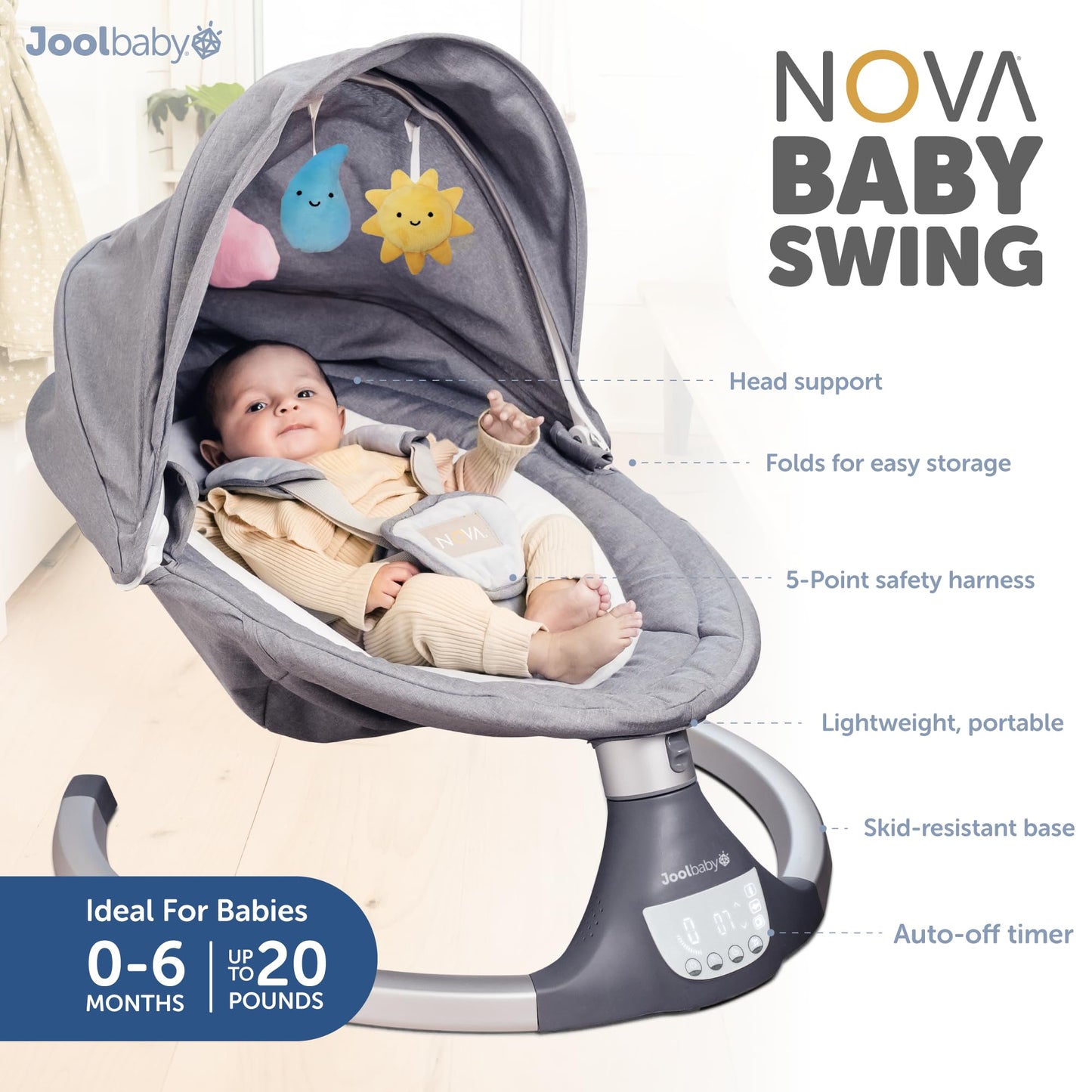Nova Baby Swing For Newborns - Electric Motorized Infant Swing, Bluetooth Music, 10 Preset Melodies, Remote (2024 Model) - Jool