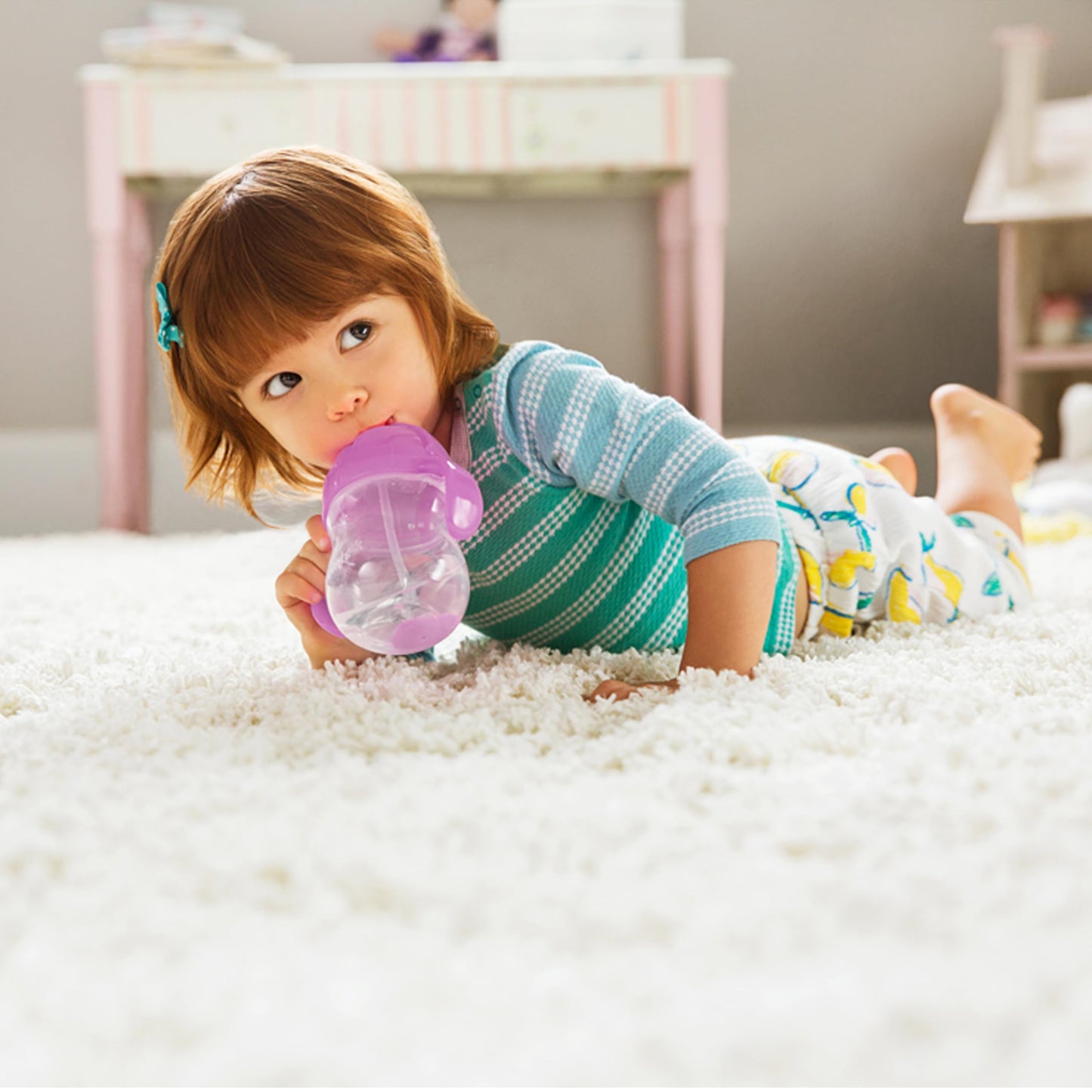 Munchkin Any Angle Sippy Cup For Toddlers, Weighted Straw Trainer Cup With Click Lock Lid, 7 Ounce, 2 Pack, Pink/Purple