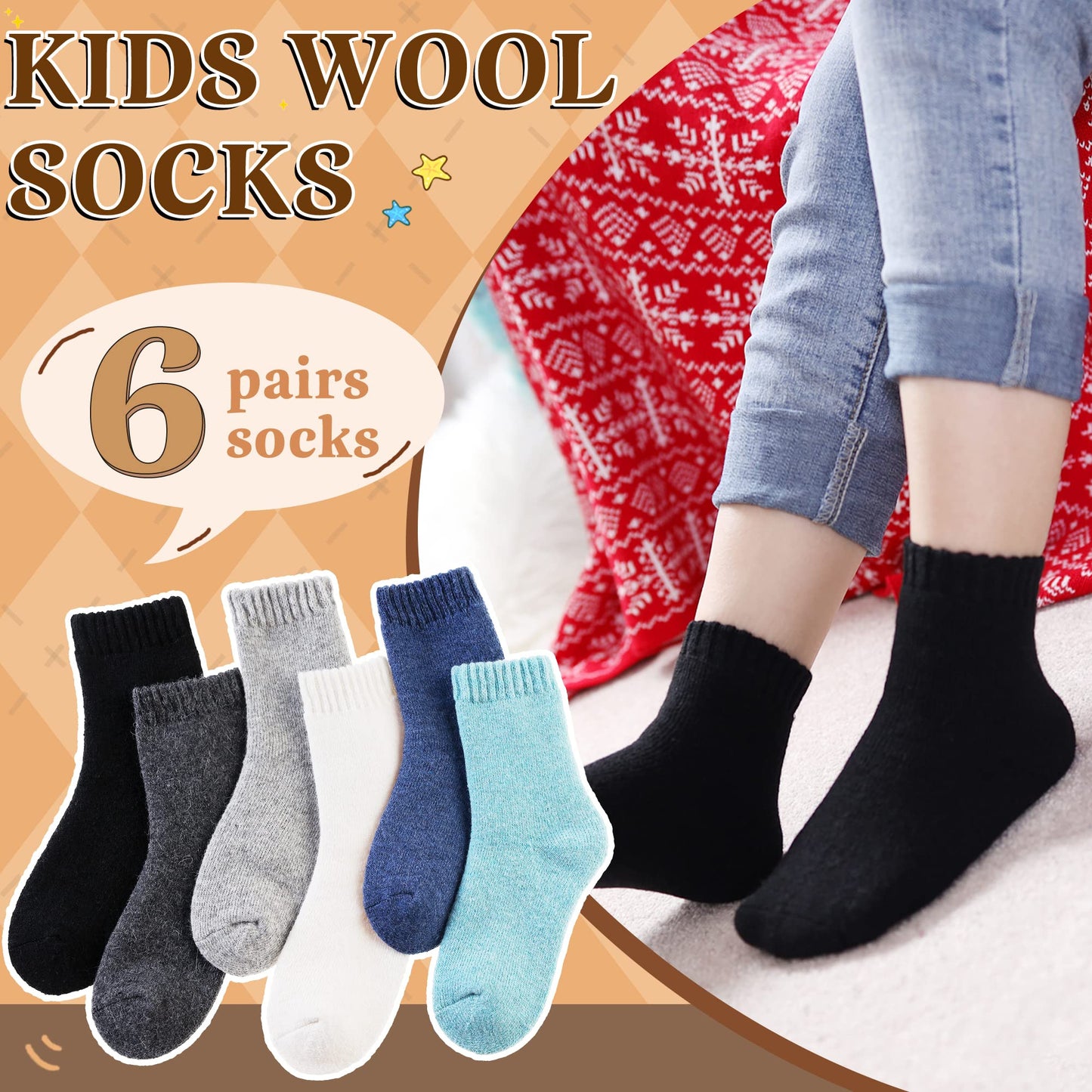 Kids Merino Wool Socks Boys Girls Hiking Boot Winter Thermal Warm Cozy Soft Toddler Thick Crew Socks 6 Pairs (6 Pairs Solid Colo