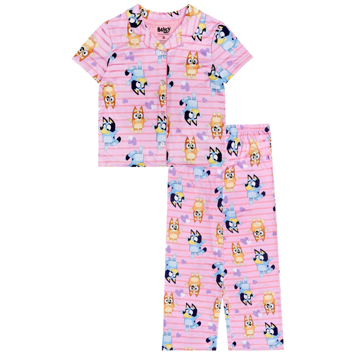 Bluey Girls 2piece Loosefit Button Down Matching Pajama Set, Soft & Cute for Kids, Bluey Hearts, 6
