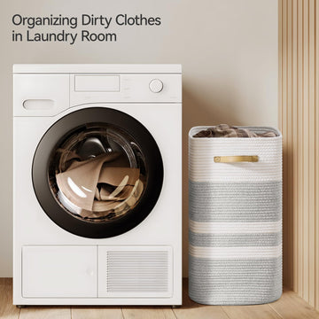 Nunsino Laundry Hamper,Laundry Basket With Leather Handles,Woven Storage Basket For Toys,Pillows,Blankets,Clothes,Grey&White