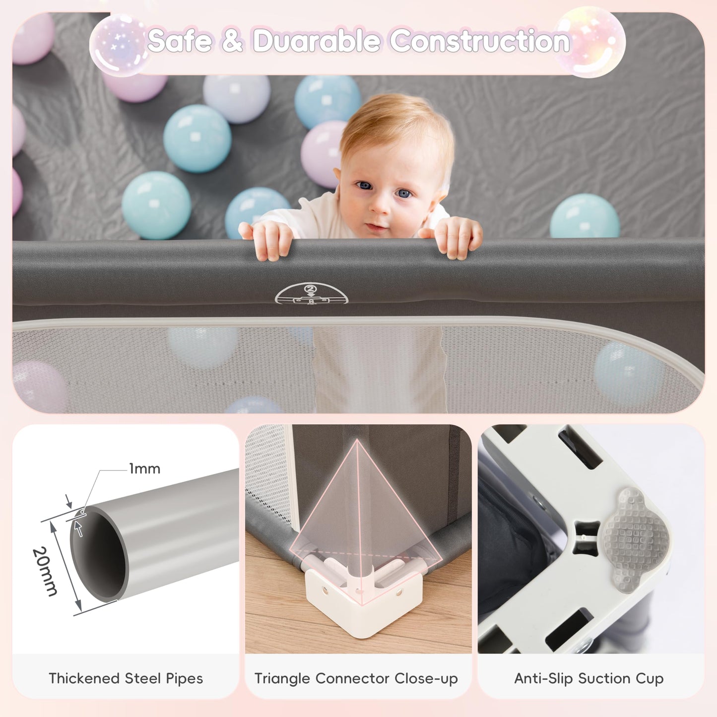 Xilingol 50 ' X 50 ' Foldable Playpen, Potable Baby Play Yard With Carry Bag, Baby Gate Playpen With Anti-Slip Suckers & Zippe