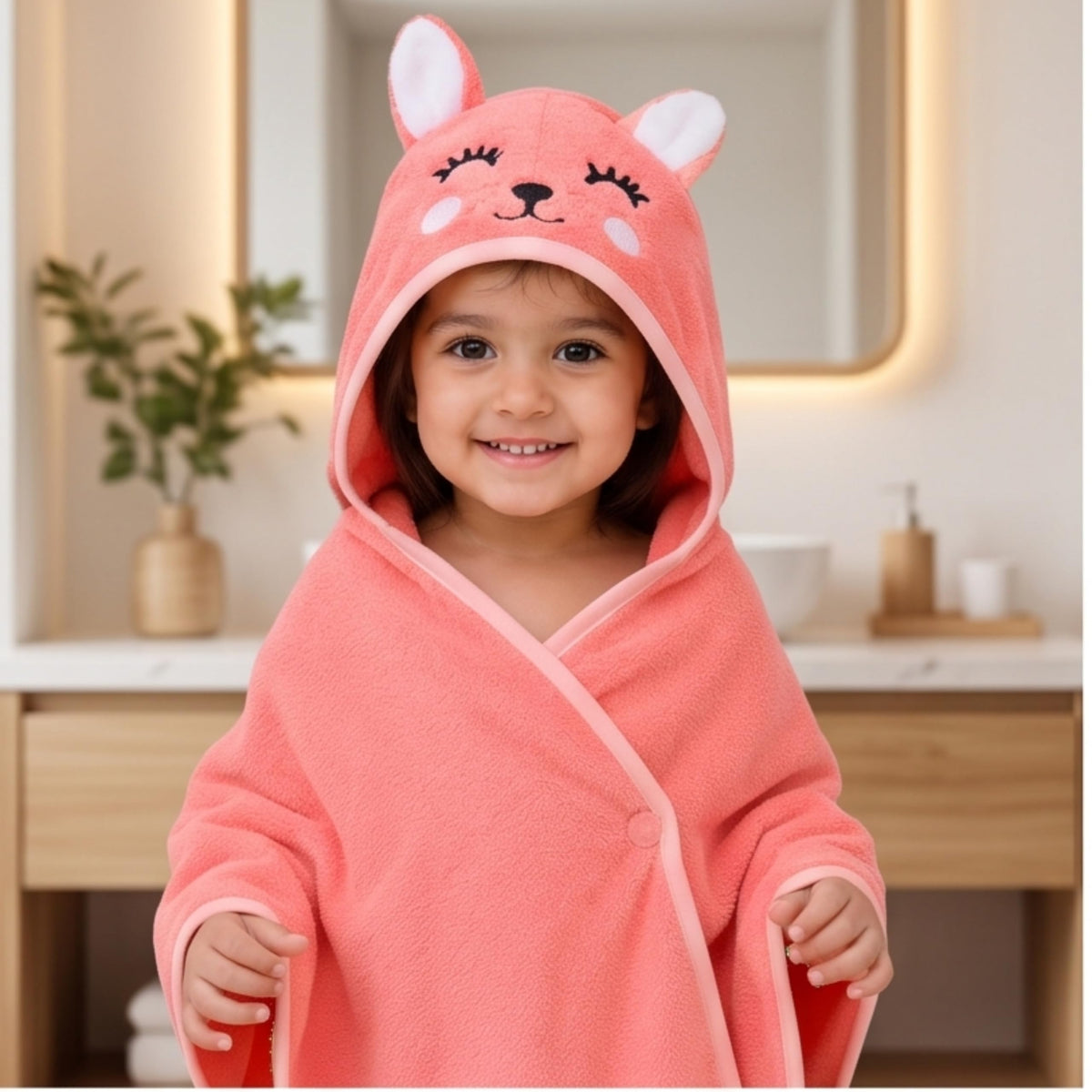 Parish Handlooms Kids Hooded Bath Towel Wrap, Coral Fox Animal Design