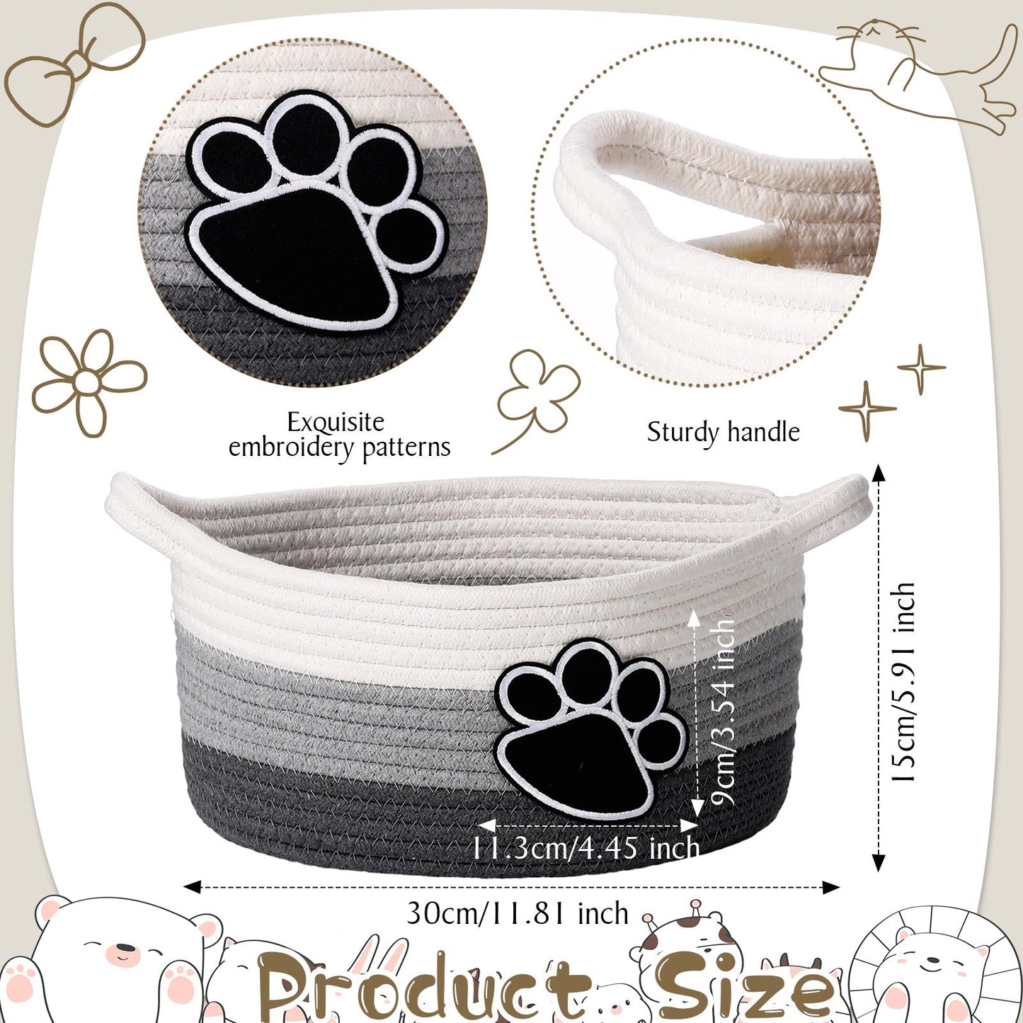Perthlin Cute Dog Basket Cat Basket Storage With Handles Decorative Basket For Dog Toy Gift 11.8 X 11.81 X 5.91 Inch(Gray)