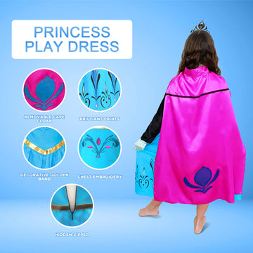 Cokos Box Girls Princess Coronation Dress Costume Cape Gloves Tiara Crown Accessories Kids Set, Blue, 8 Years