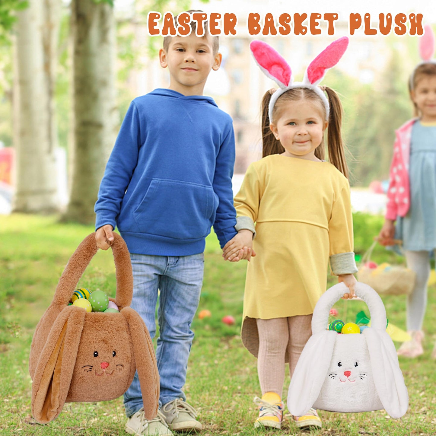 Ourhonor Easter Basket Plush, Bunny Easter Basket For Kids, Plush Easter Buckets With Long Ear Easter Bags For Boys Girls, Easte
