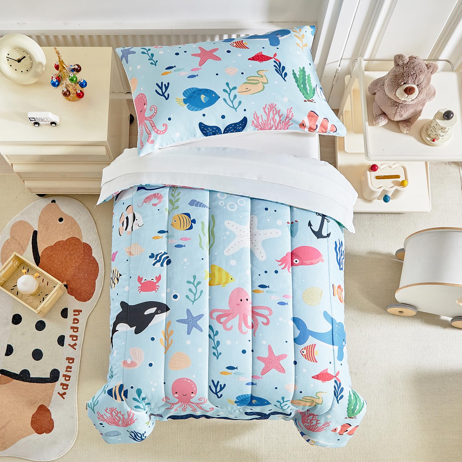 Joyreap 4 Piece Toddler Bedding Set- Ocean Theme Blue Design, Microfiber Toddler Bedding Comforter Set For Kids Boys Girls