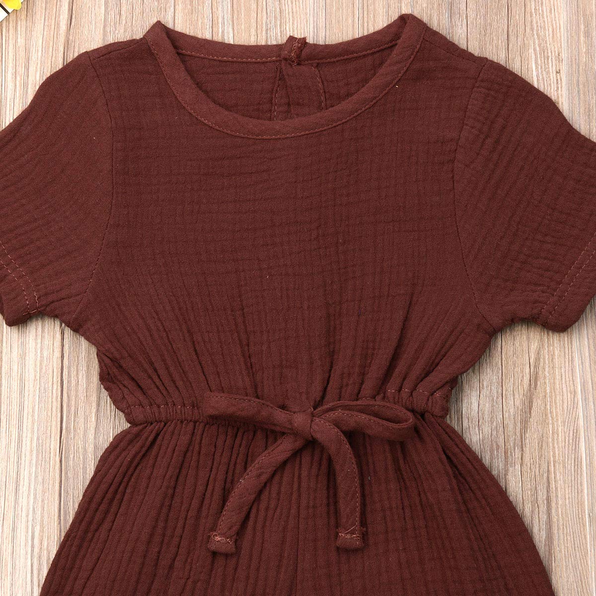Mubineo Toddler Baby Girl Summer Fall Basic Plain Short Sleeve Cotton Linen Drawstring Romper Jumpsuit (Coffee, 2-3T)