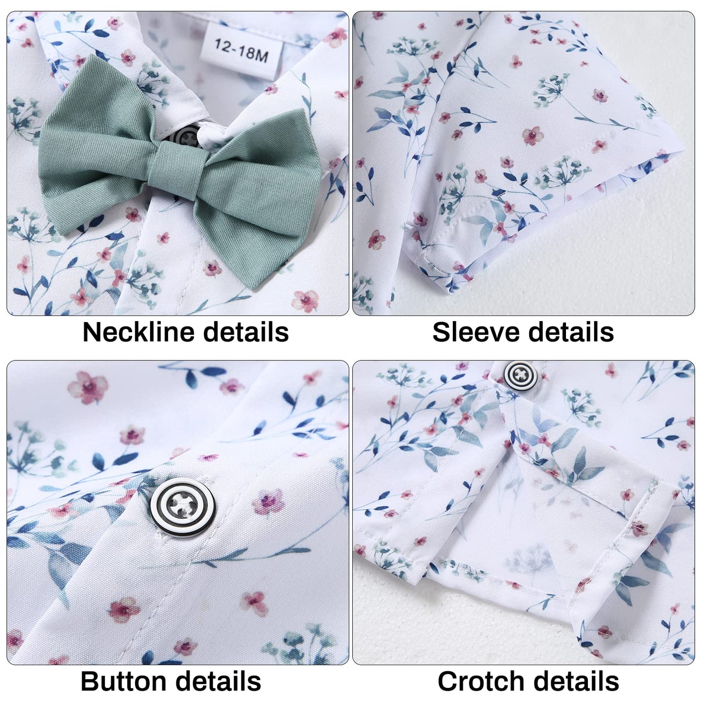 Disaur Boys Church Outfit Short Sleeve White Flower Dress Shirt Bow Tie Suspender Green Pants Toddler Formal Outfit Boy 2T 3T 2-