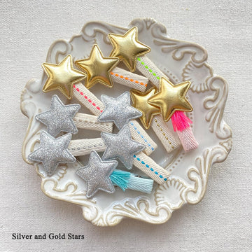 Golden And Silver Stars Hair Clips With Tassels For Girls, 10Pcs Non Slip Cotton Fully Lined Hair Pins Accessories For Babies In