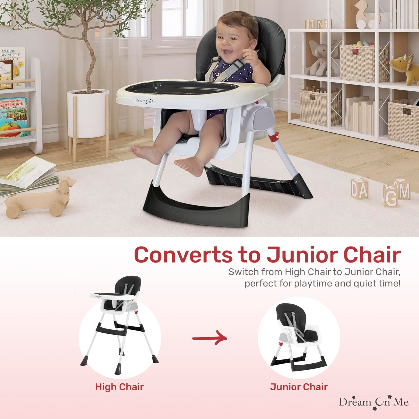 Dream On Me Portable 2-In-1 Tabletalk High Chair In Black, Three Adjustable Height Settings, Lightweight Portable High Chair, Ea