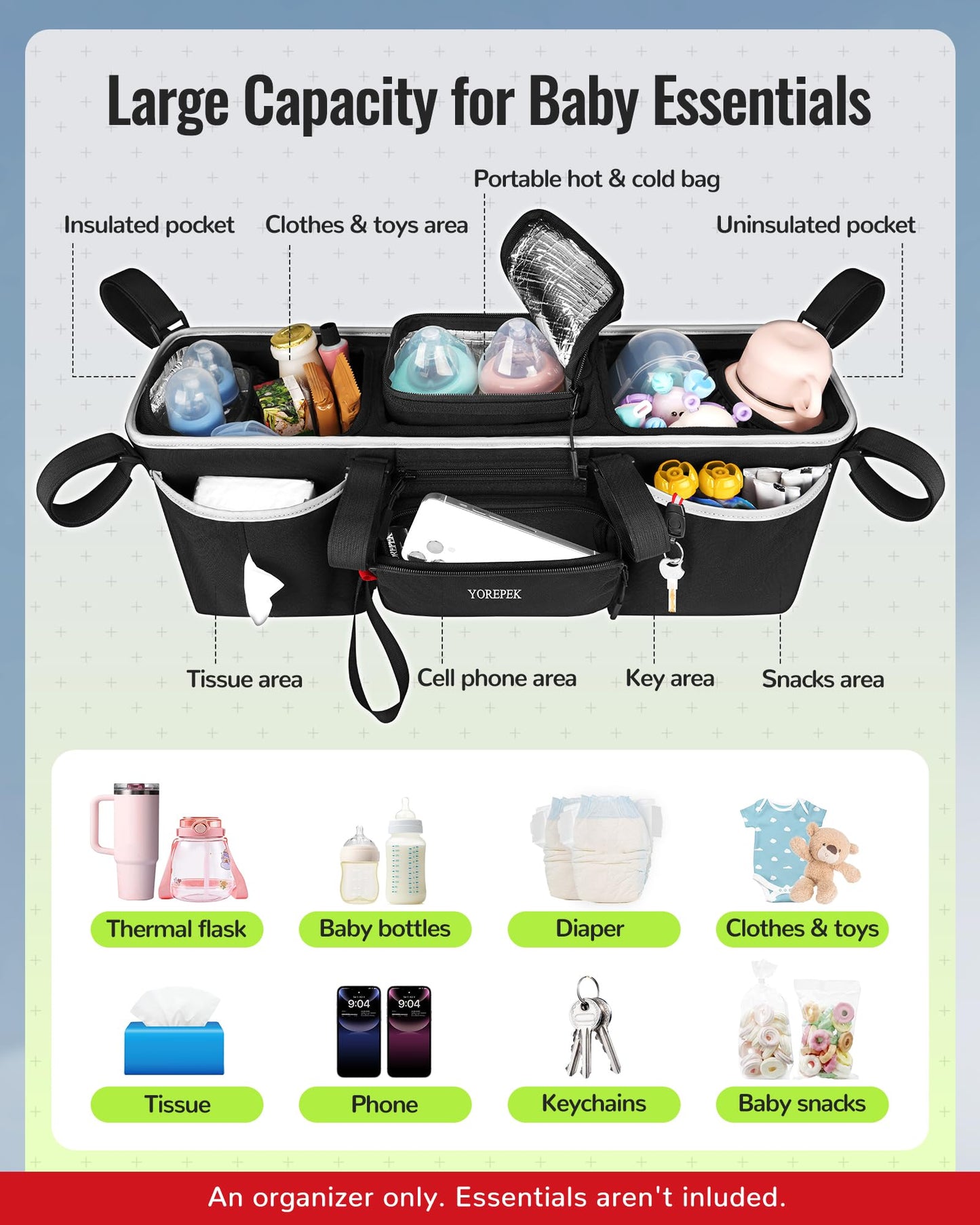 Yorepek Heavy Duty Double Stroller Organizer For Bob Duallie, Baby Jogger City Mini Gt2 And Jeep,Stroller Caddy With Detachable