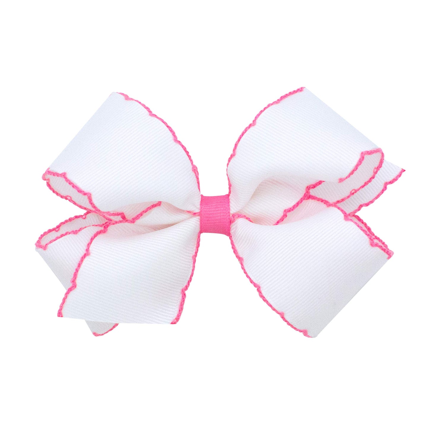 Wee Ones Girls' Classic Grosgrain Moonstitch Edge Hair Bow On A Weestay Hair Clip, Medium, White With Hot Pink Trim