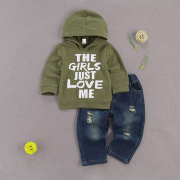 Fhutpw Toddler Baby Boy Outfits Hoodie Sweatshirts & Jeans Clothes Set Fall Winter 6 9 12 18 24 Months (A-Green, 6-12 Months)