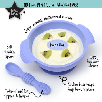 Primastella Unbreakable Silicone Non-Slip Bowl And Chew Spoon Set For Babies And Toddlers (Periwinkle)