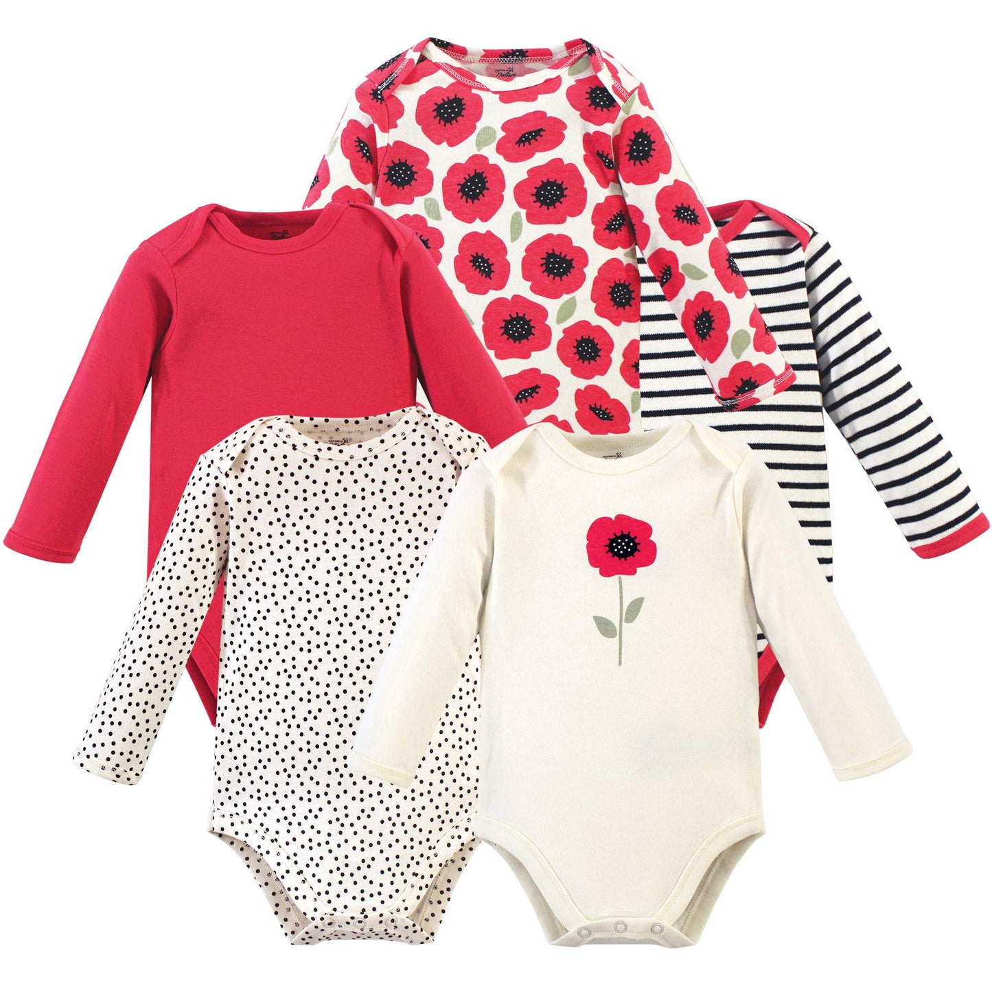 Touched By Nature Baby Organic Cotton Long-Sleeve Bodysuits, Poppy, 9-12 Months