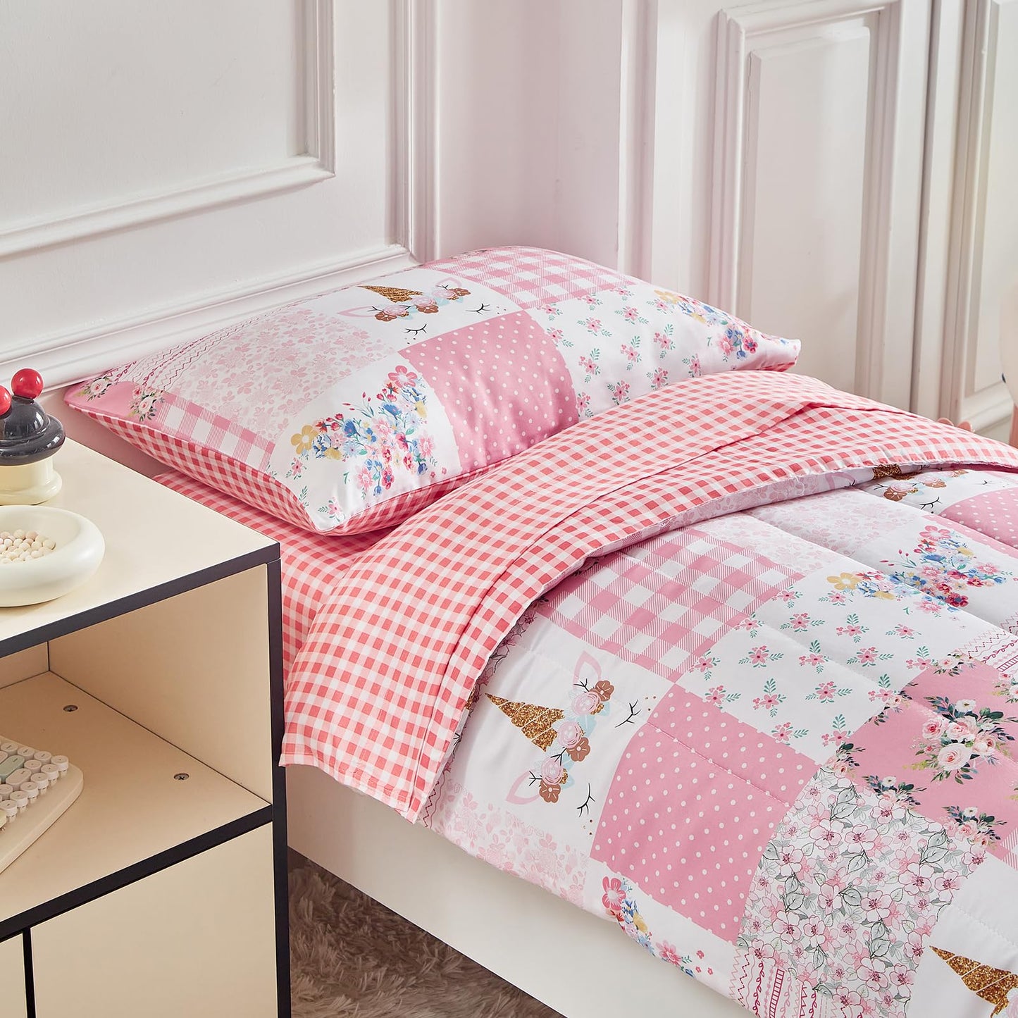 Joyreap 4 Piece Toddler Bedding Set For Girls- Pink Butterflies N Flowers Patchwork Toddler Comforter Set, Includes Quilted Comf