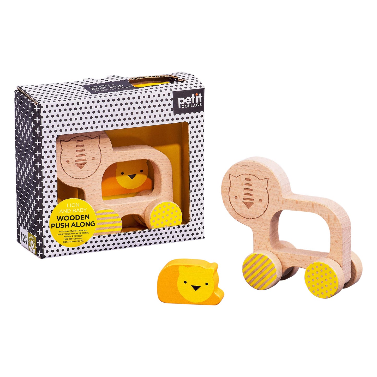 Petit Collage Lion and Baby Wooden Push Toy - Cute Wooden Rolling Toy Ideal for Ages 12 Months and Older - Active Toy Encourages