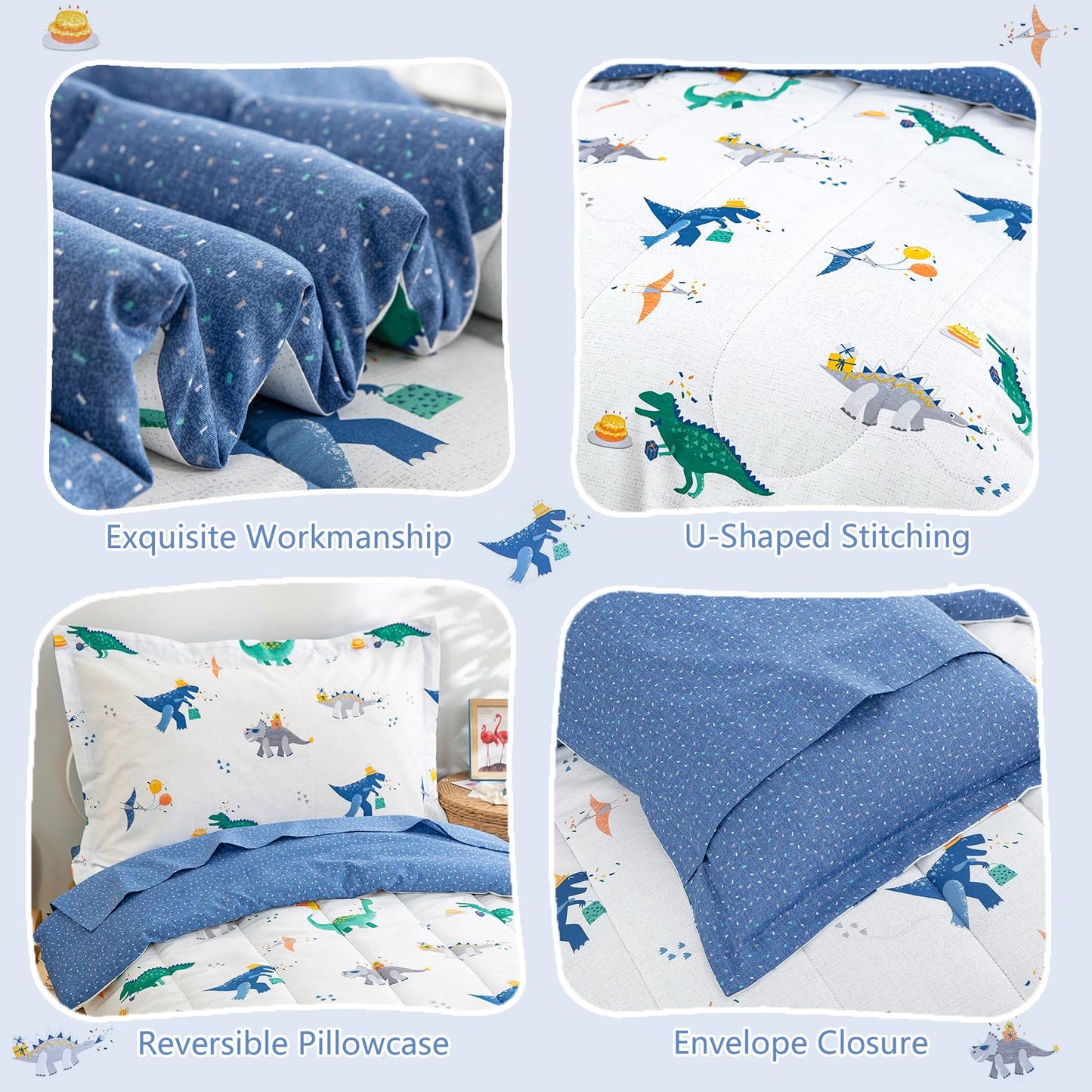 Djy Cotton Toddler Bedding Set, Blue Dinosaur Toddler Comforter Set For Boys Girls, 4 Pieces Soft Toddler Bed Set Includes Quilt