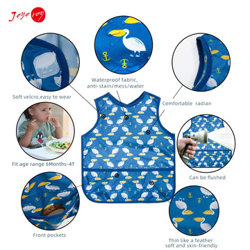 Joyo Roy Mess Proof Baby Bibs For Eating Waterproof Toddler Bibs 1-3 Years Soft Machine Washable Sleeveless Baby Smock Bib For B