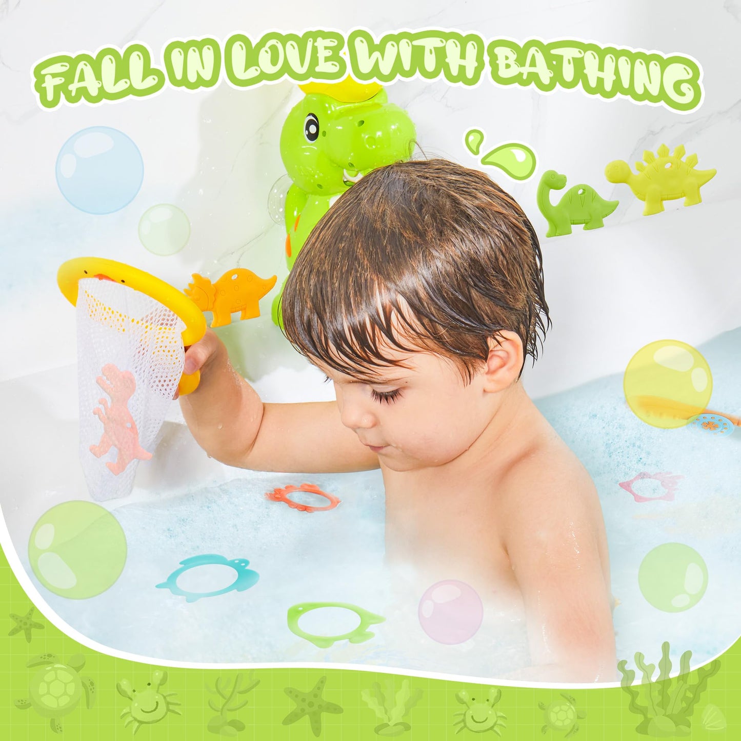 EKUEASYKU Dinosaur Bath Toys for Kids Ages 1-3 2-4 4-8 Toddler Bath Toys Whirling Waterfall Water Toys Fishing Games Bathtub Bat