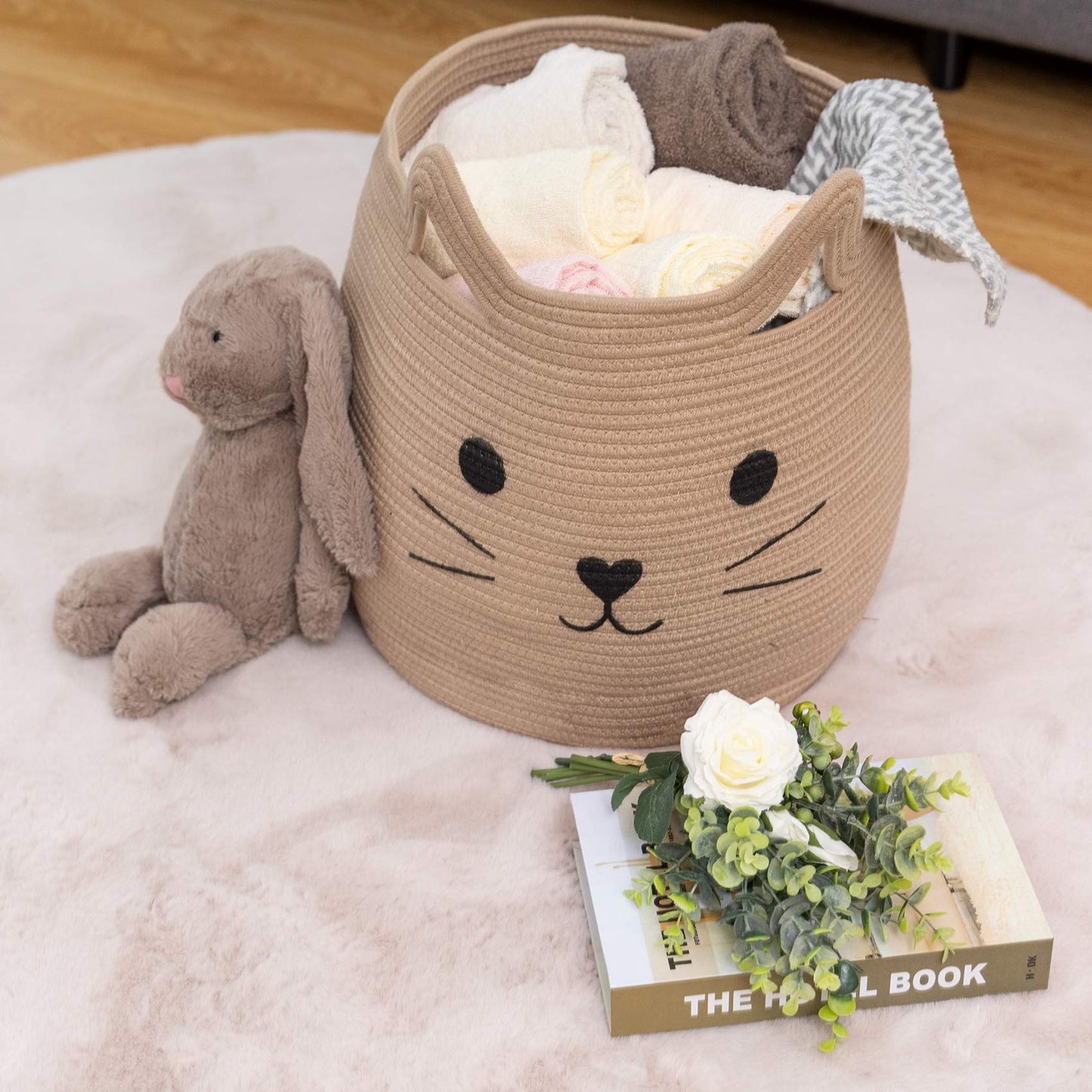 Vk Vkliving Animal Baskets Large Woven Cotton Rope Storage Basket With Cute Cat Design Animal Laundry Basket Organizer For Towel