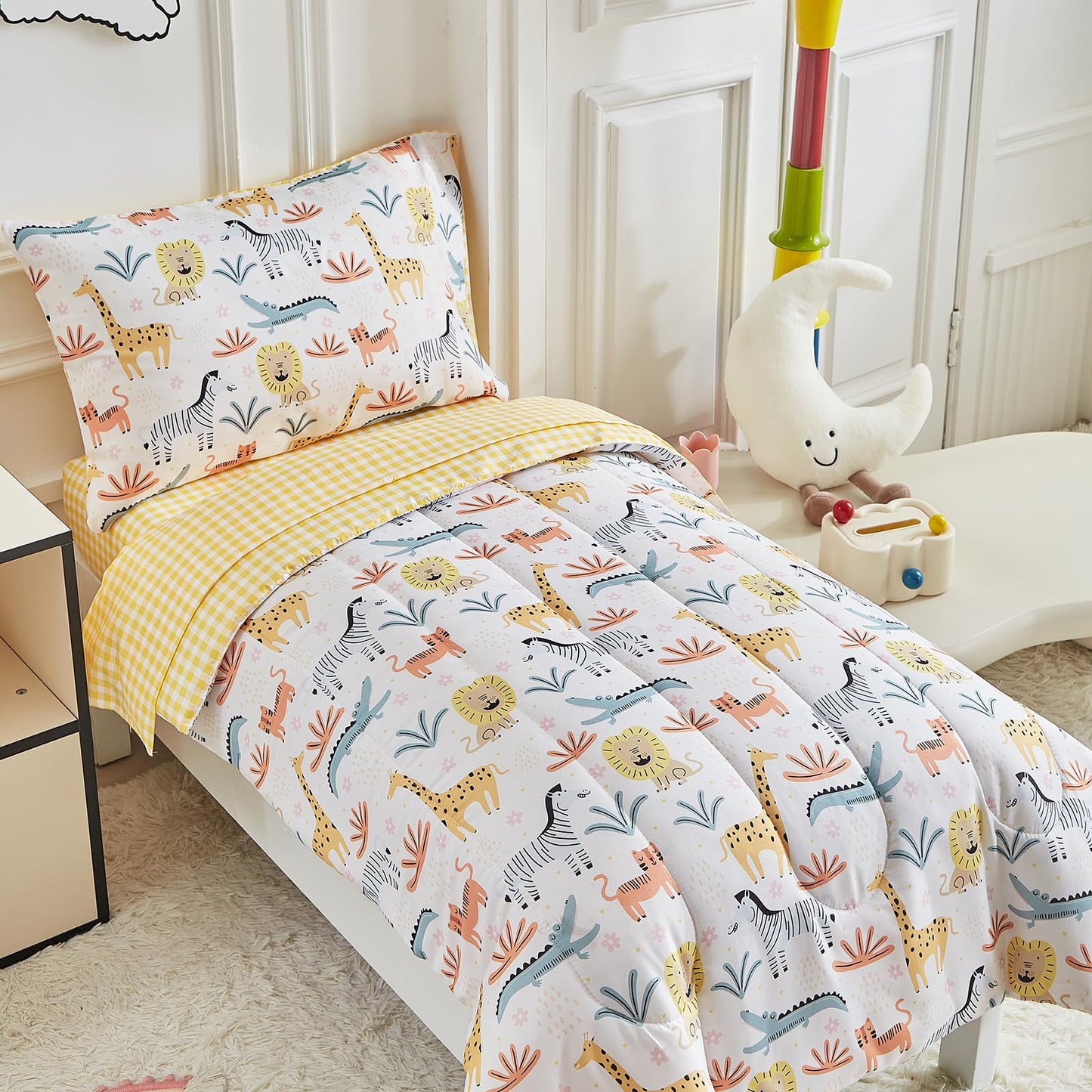 Joyreap 4 Piece Toddler Bedding Set- Cartoon Zoo Theme Animals Beige Design, Microfiber Toddler Bedding Comforter Set For Kids B