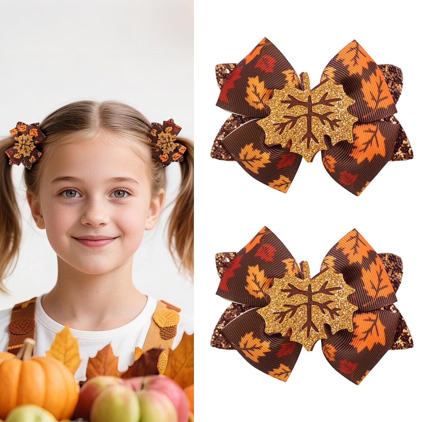 Doneace Fall Thanksgiving Hair Bow Clips Maple Leaf Glitter Bow Hair Barrette Brown Sequins Grosgrain Bow Hairpins for Girls Tod