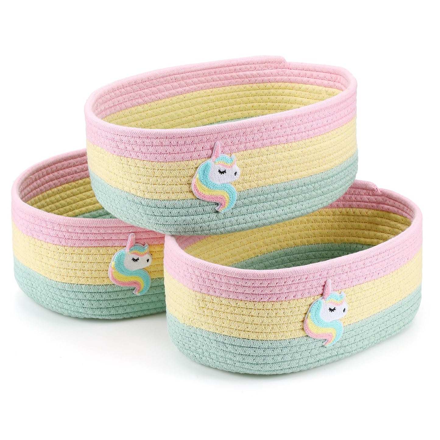 Geelin 3 Pcs Unicorn Woven Baskets Pastel Rainbow Cute Small Rope Storage Gift Baskets Rectangle Shelf Organizer Bins for Closet
