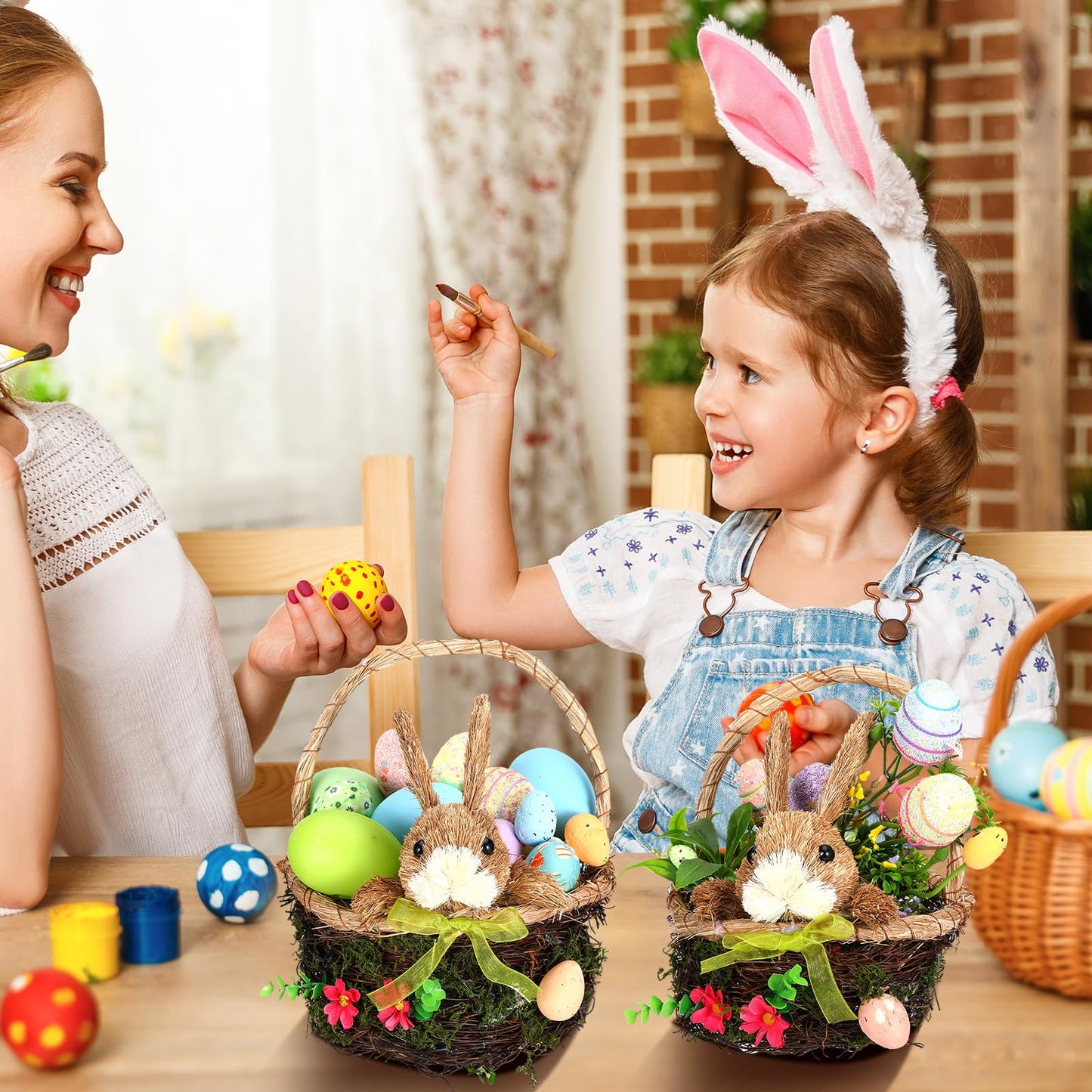 Silifine 2 Pack Easter Basket Woven Easter Bunny Basket With Handle Wicker Easter Gift Basket For Kids Rabbit Eggs Candy Basket