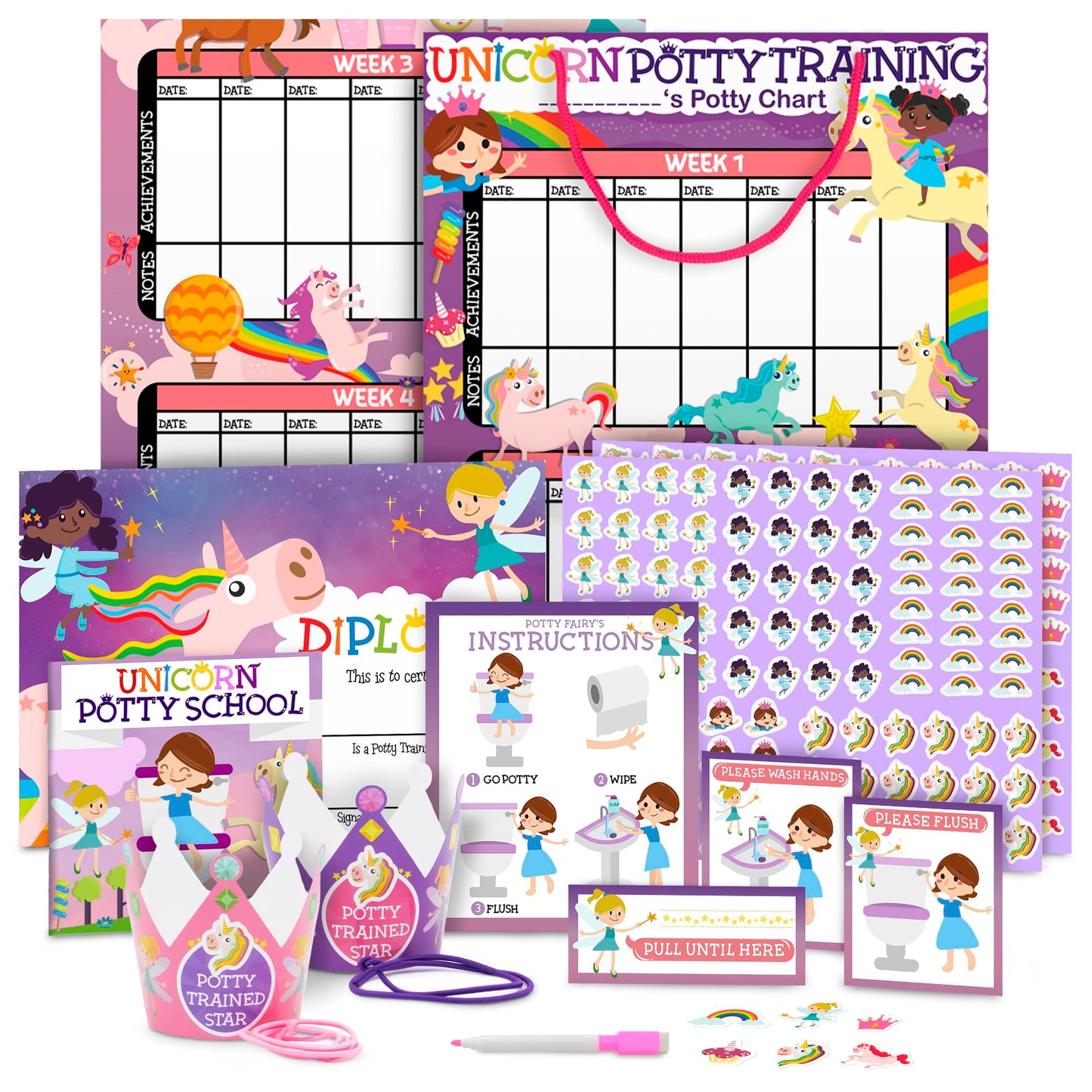 Potty Training Chart For Toddlers Girls, Unicorn Design - Sticker Chart, 4 Week Reward Chart - 213 Cute Stickers, Certificate, I
