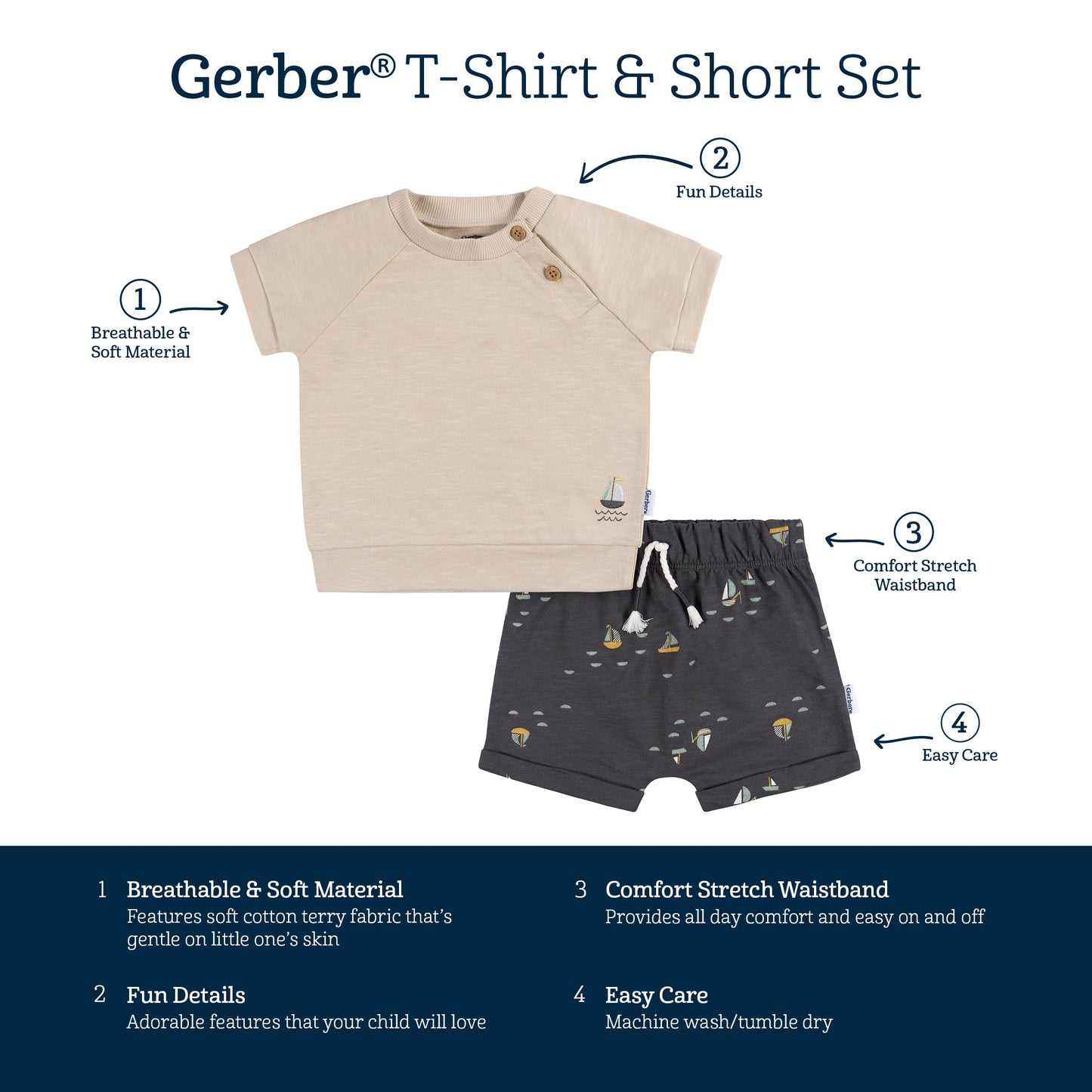 Gerber Baby Boys T-Shirt And Shorts Set, Sailboats, 0-3 Months