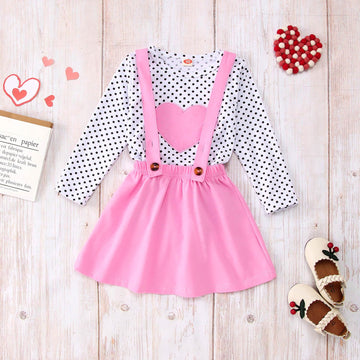 Toddler Baby Girls Valentine'S Day Outfits Long Sleeve Dot Heart Shirt Top Red Suspender Skirt Clothes Set