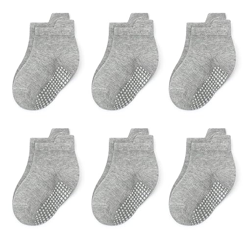 Qiyiendian 6 Pairs Non Slip Cozy Warm Ankle/Low Cut Socks With Grips For Baby Infant Toddler Kids Boys Girls(5-E Grey,6-12 Month