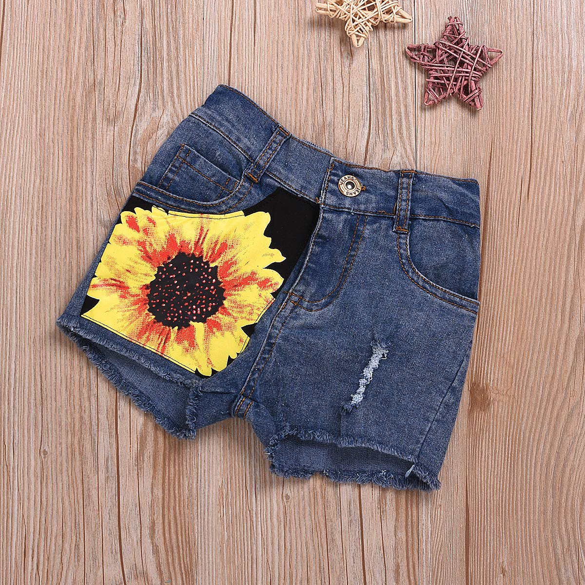 2Pcs/Set Toddler Kids Baby Girl Sleeveless Floral T-Shirt Top Sunflower Denim Jeans Shorts Outfits 1-8T (Yellow, 7-8 Years Old)