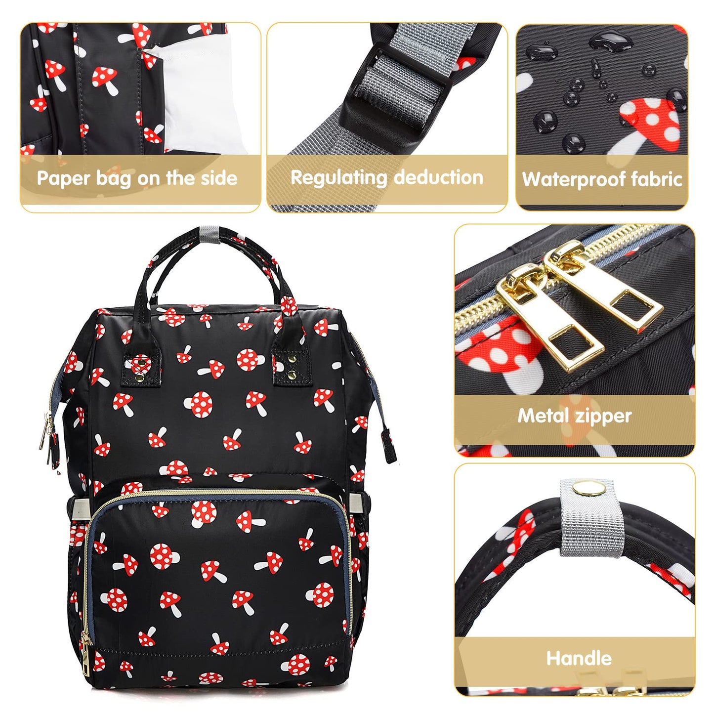 Mcwth Mushroom Diaper Bag Backpack Set For Baby Girls Mom, Large Capacity Multi-Function Nappy Bags Organizer