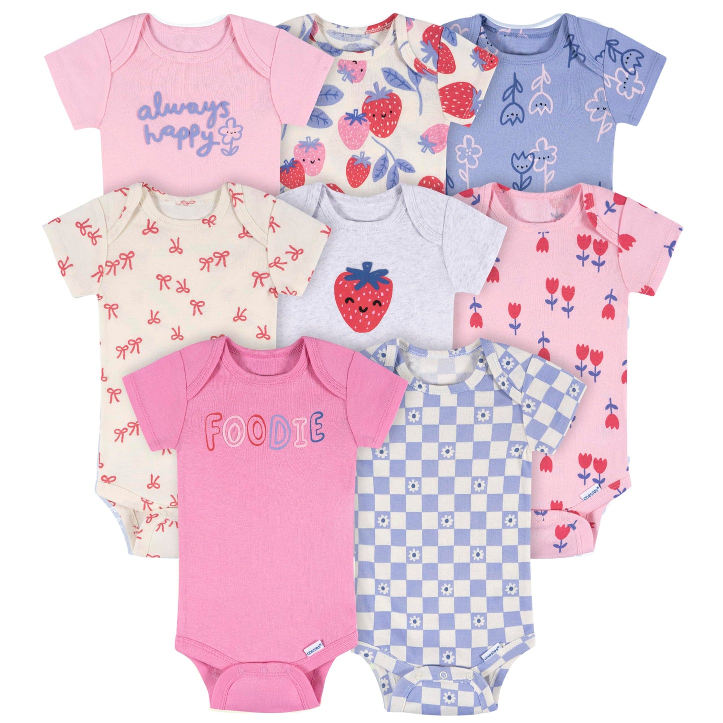 Onesies Brand baby-girls 8-pack Short Sleeve Mix & Match Bodysuits, Berry Happy, 6-9 Months