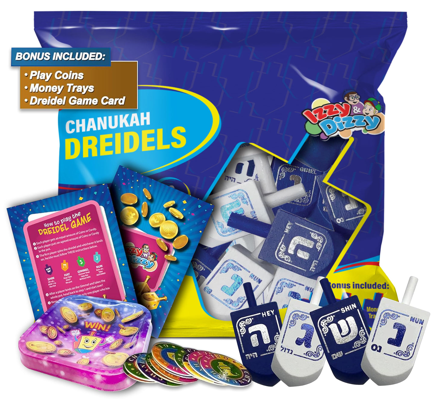 Izzy 'N' Dizzy Hanukkah Dreidels - Blue And White Wooden Dreidel - 4 Pack Medium - Hand Painted - Game Instructions Included
