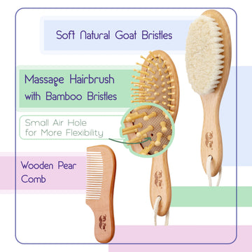 Mr. Pen- Baby Brush And Comb Set, 3Pcs, Wooden, Baby Hair Brush, Cradle Cap Brush, Baby Brush Set For Newborns, Infant Hair Brus