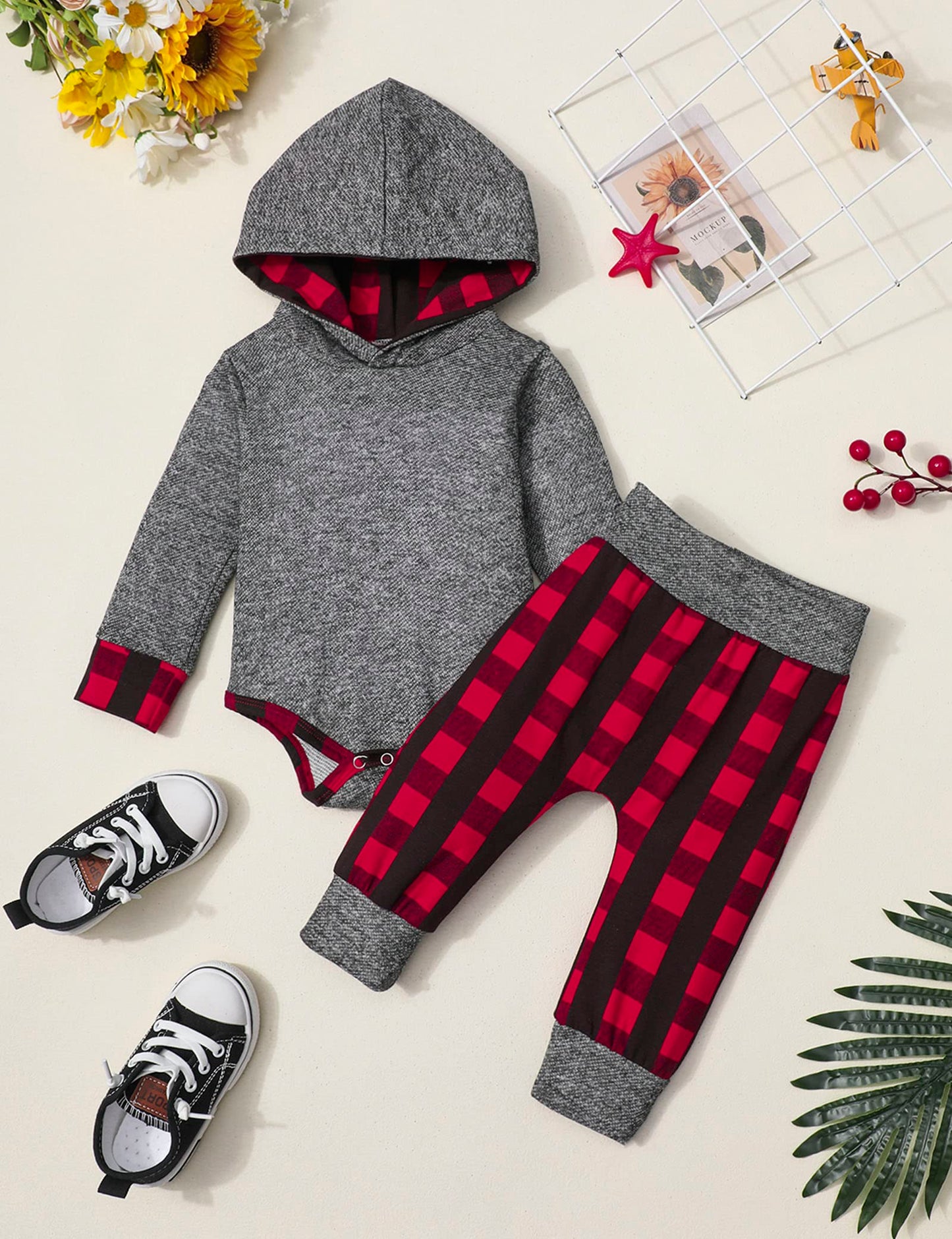 Fommy Newborn Boy Outfits Plaid Letter Print Long Sleeve Hoodies + Newborn Boy Clothes Long Pants 2Pcs Set Newborn Photography O